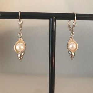 Silver Shell drop earrings with pearls inside shell.  Marked 925 sterling